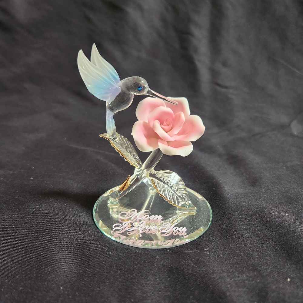 Glass Baron Mom I Love You Blue Hummingbird Figurine